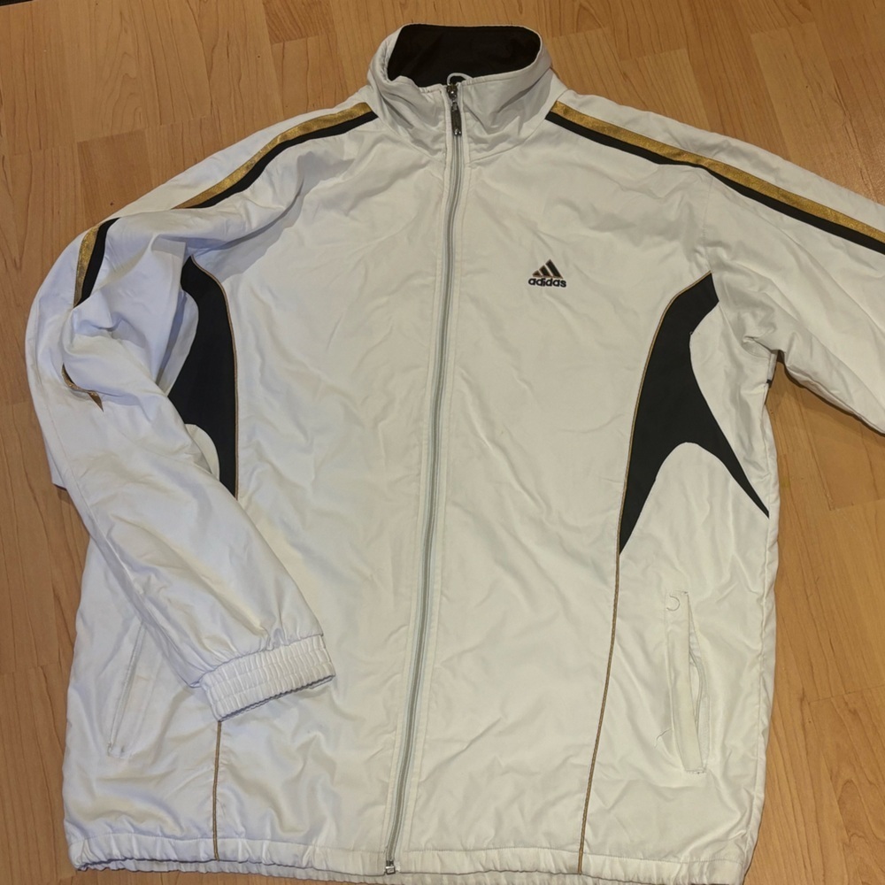 Vintage Adidas White Windbreaker with Black and Gold Accents